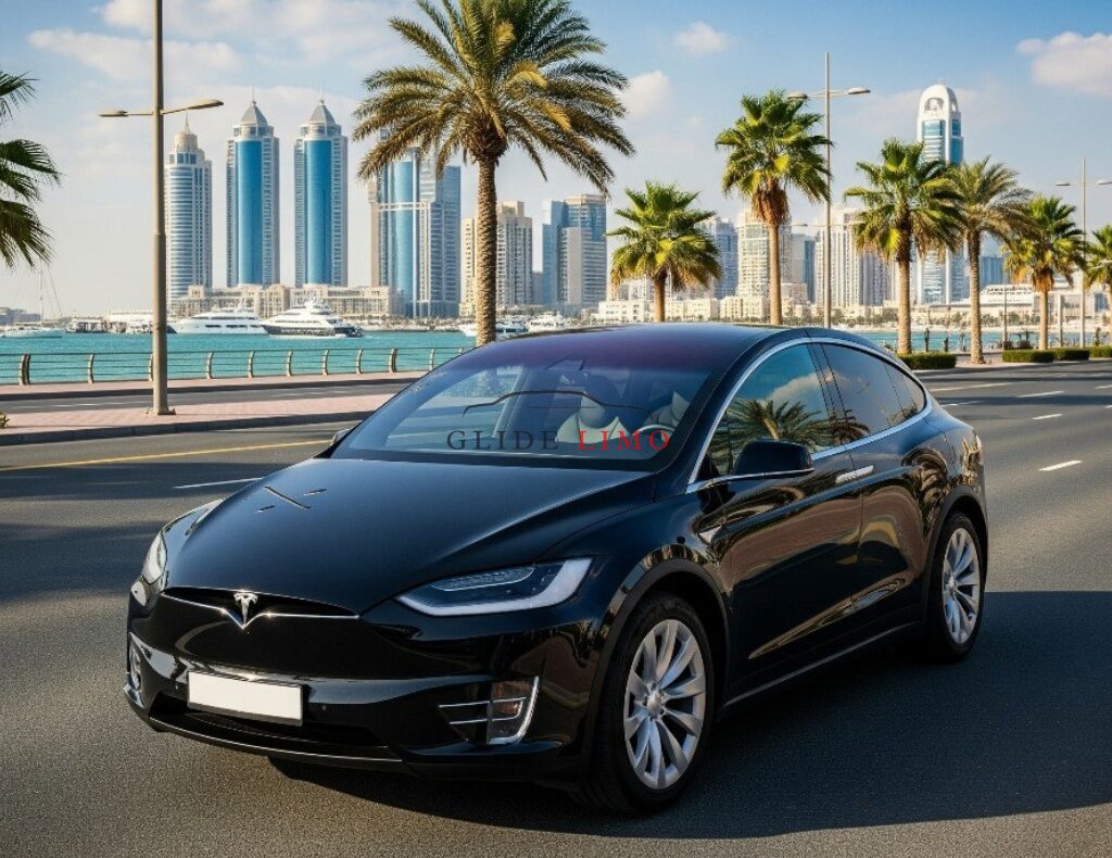 Tesla X 2023 with driver in dubai by glidelimo with Chauffeur Service