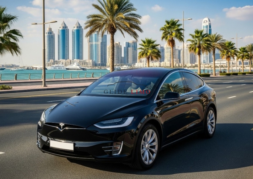 Tesla X 2023 with driver in dubai by glidelimo with Chauffeur Service