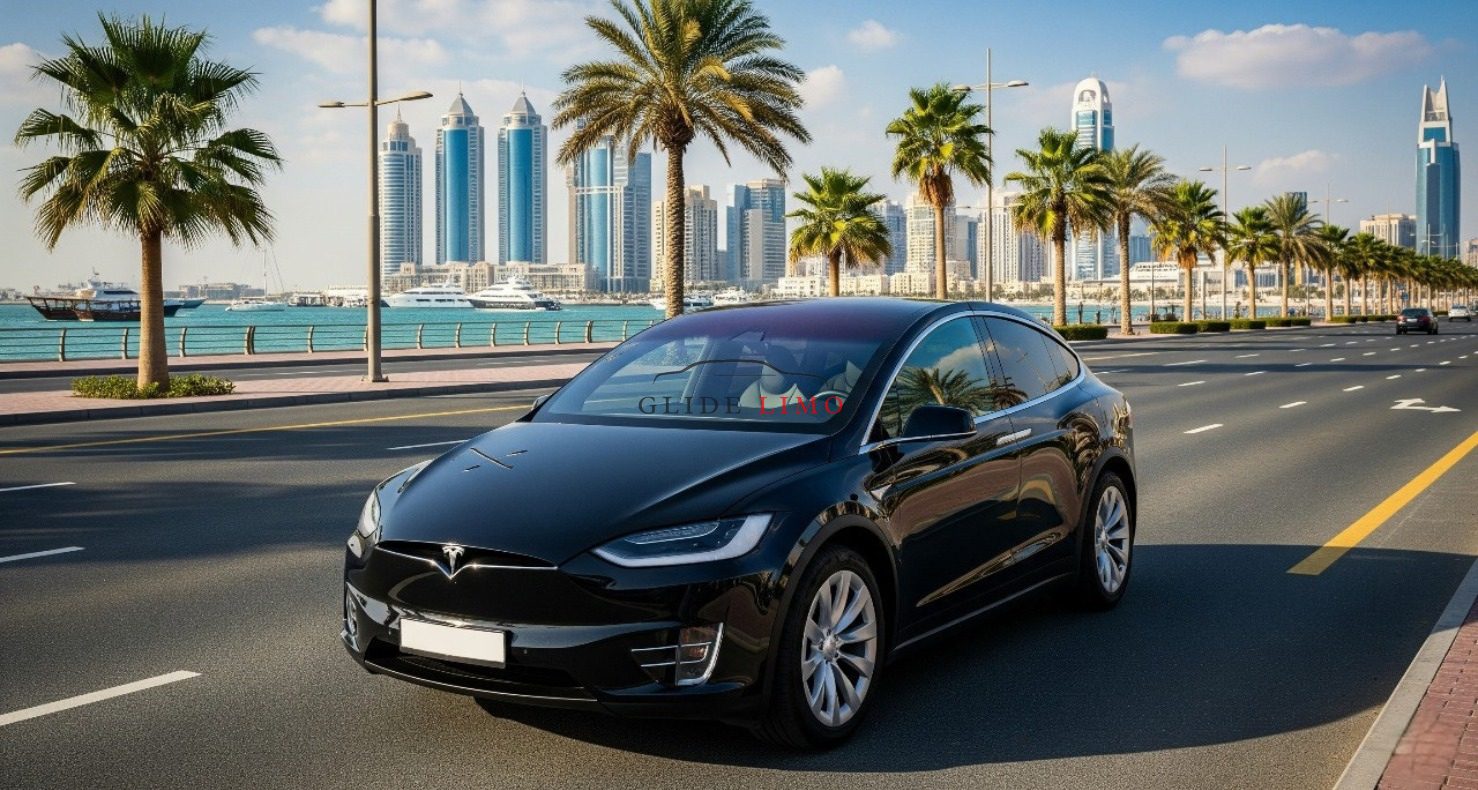 Tesla X 2023 with driver in dubai by glidelimo with Chauffeur Service
