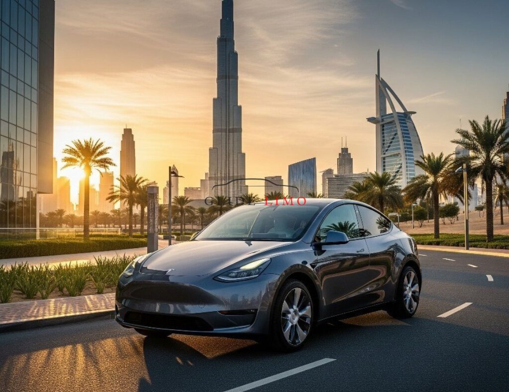 Tesla Y 2024 with driver in dubai by glidelimo