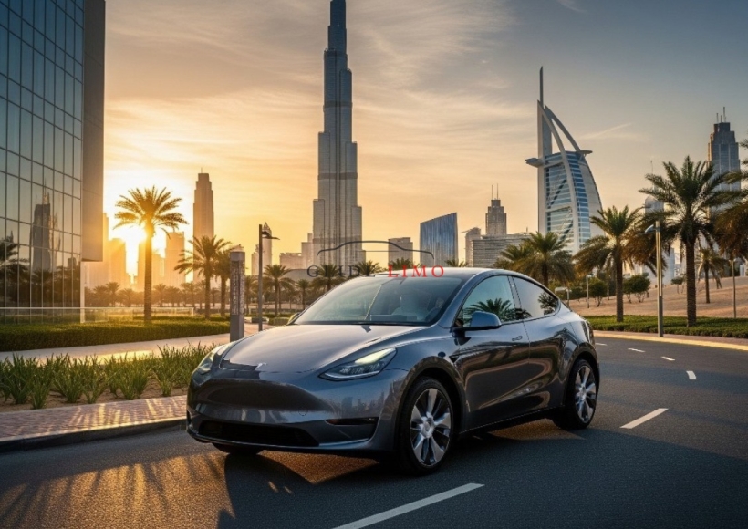 Tesla Y 2024 with driver in dubai by glidelimo