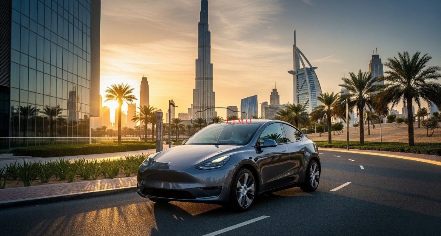 Tesla Y 2024 with driver in dubai by glidelimo